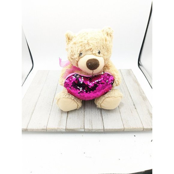 Tom's Toys International Teddy Bear Plush Stuffed Animal Sparkle Heart Pink Silv - Picture 1 of 4